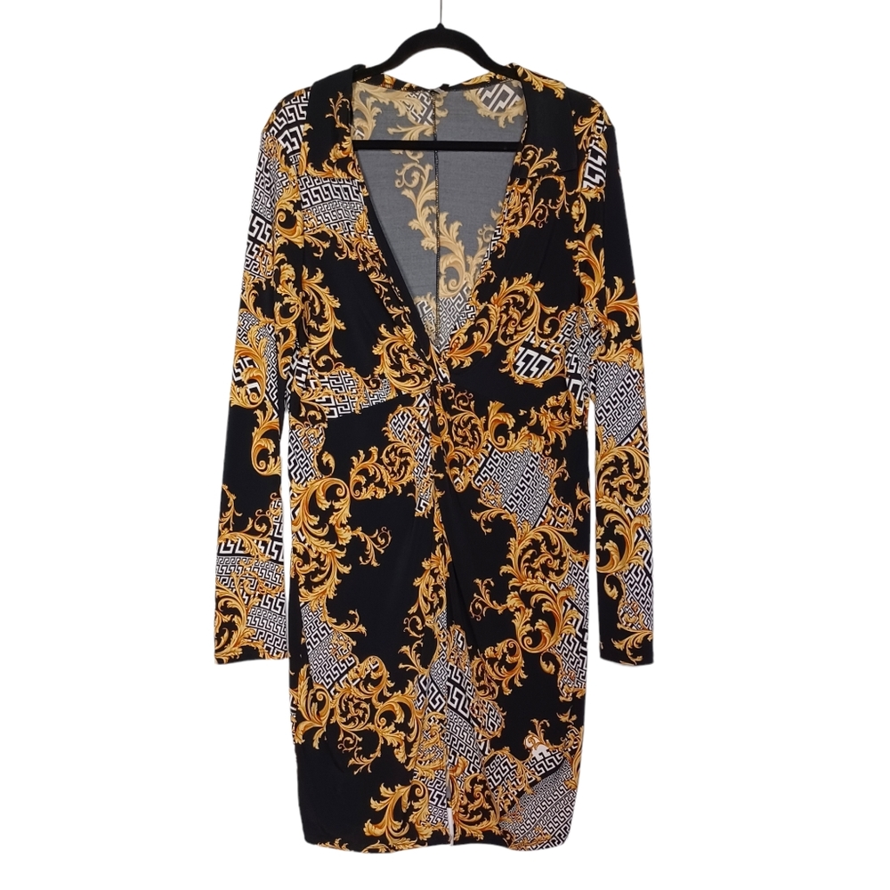 BLANC Gold Brocade White Geometric Print V Neck Long Sleeve Stretchy Black Dress